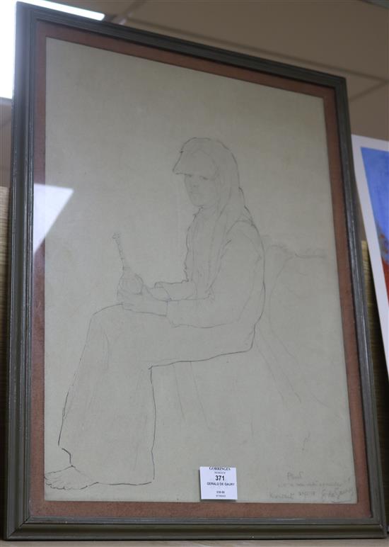 Gerald de Gaury, pencil drawing, seated figure holding a rosewater sprinkler, inscribed and dated 38, 19 x 13.5in.